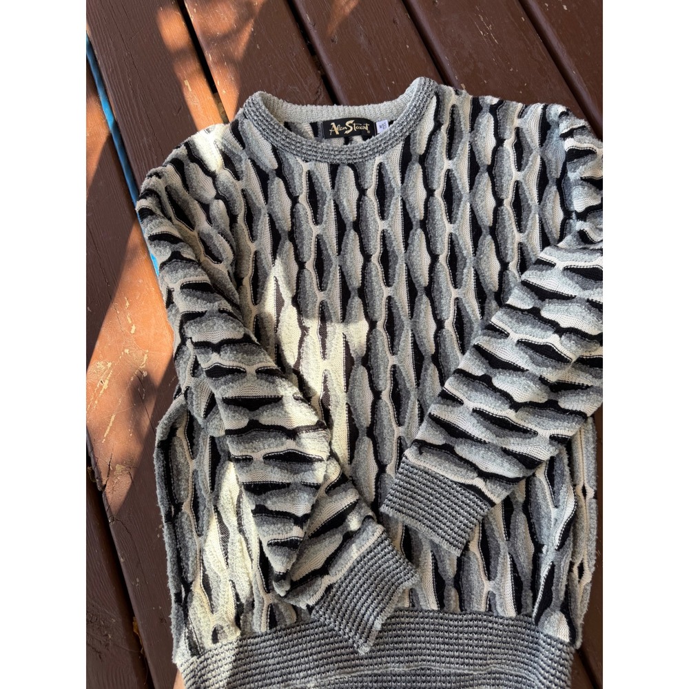 Vintage Alan Stuart 3D Knit Sweater Mens Med Grey Black White Retro 80s USA Made
